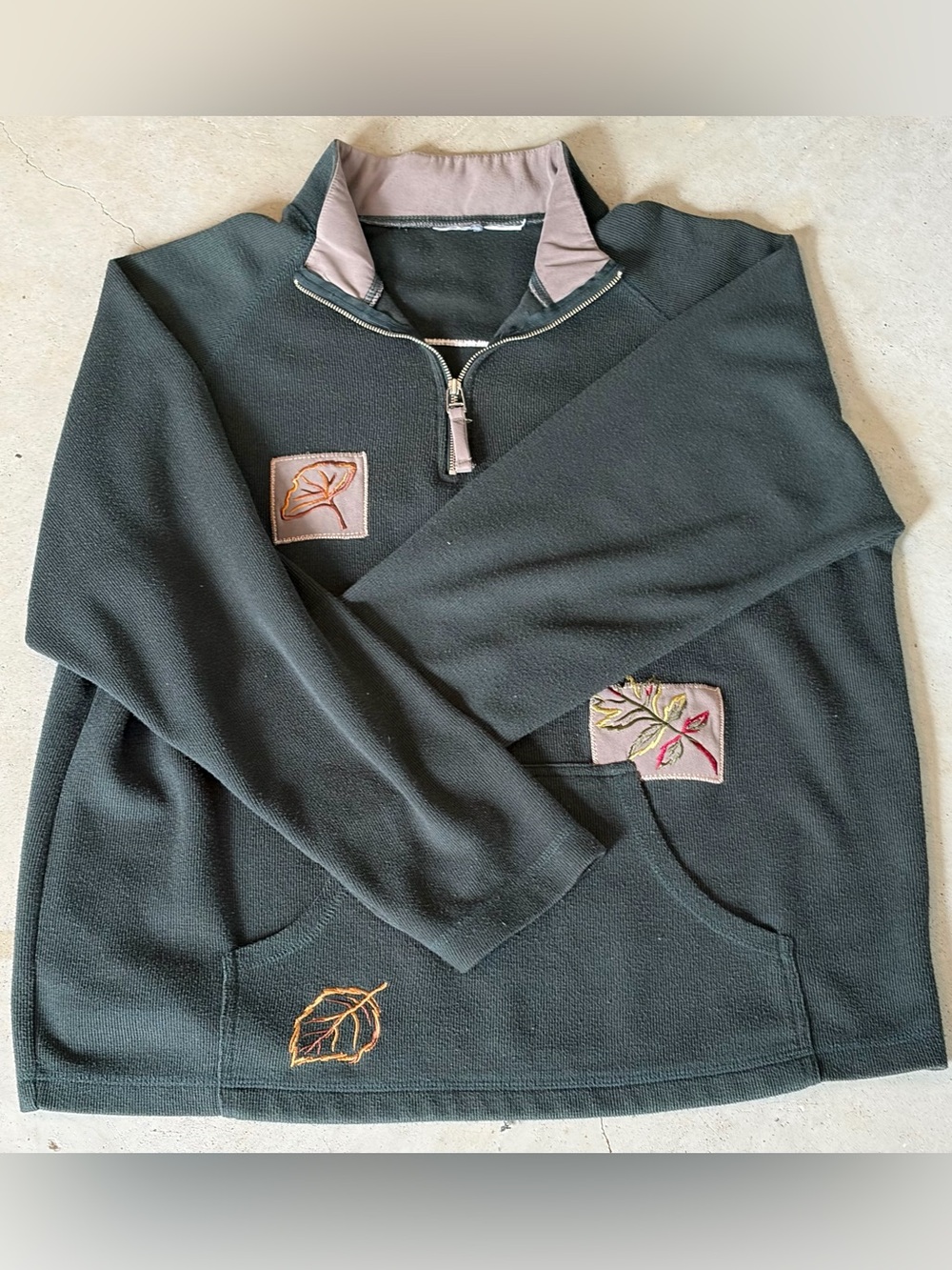 Vintage Fall Leaf Embroidered Quarter Zip Sweatshirt Green